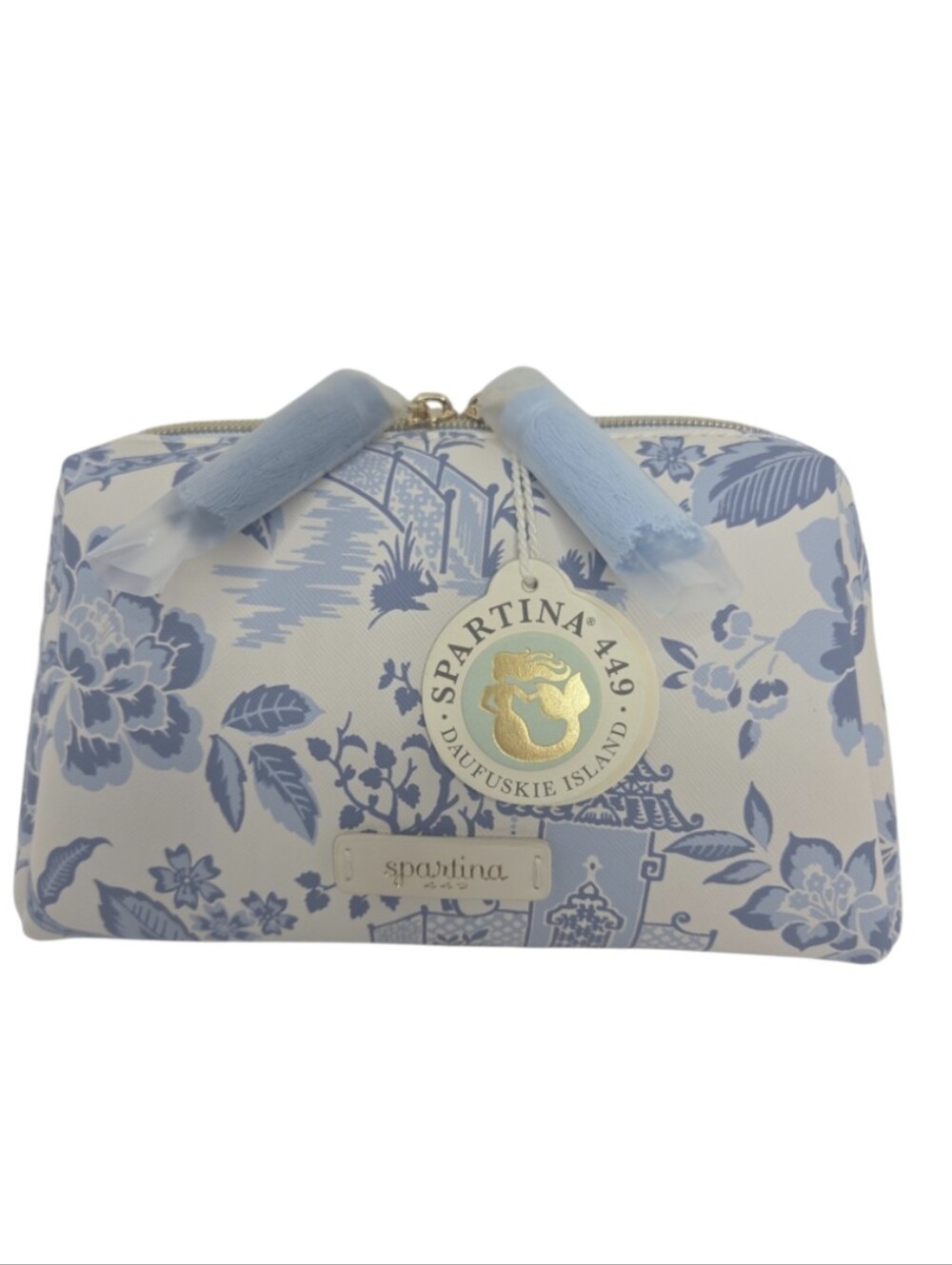 Spartina 449 Light Blue Garden Toile Zip Around Tassel Pull Cosmetic Case NWT